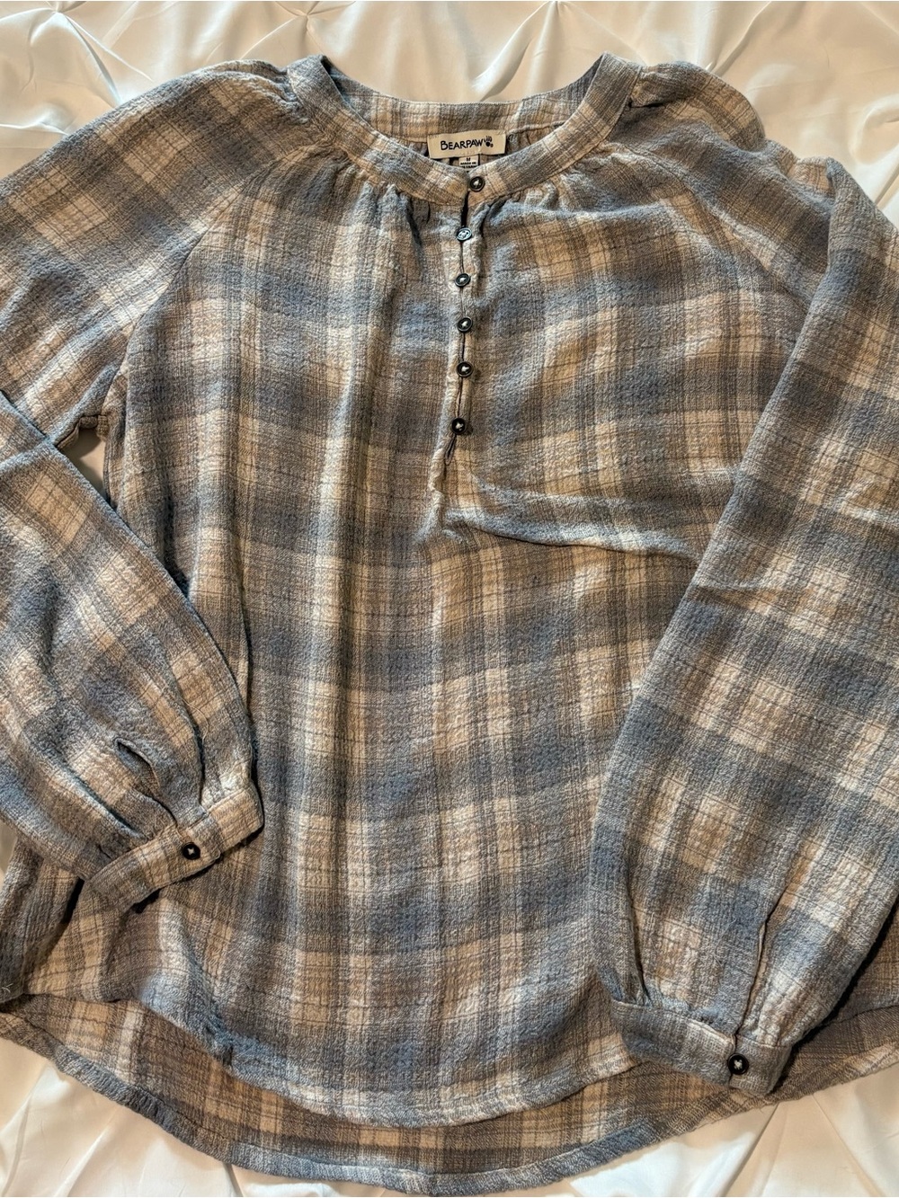 Bearpaw Women’s Blue & Beige Plaid Henley Button Long Sleeve Blouse, Size M